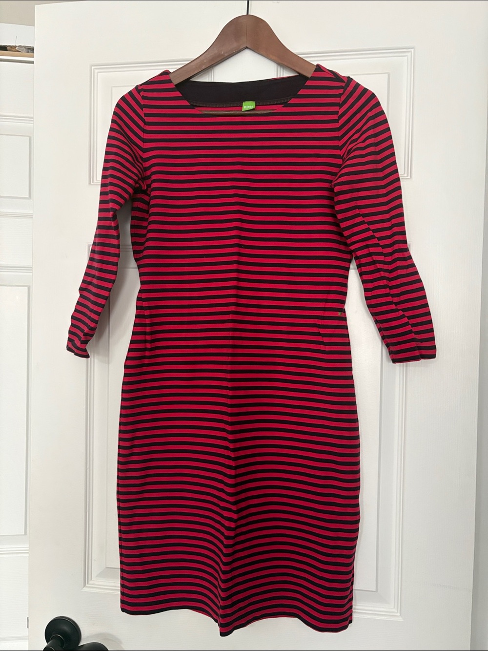 Hugo Boss Red and Black Striped Long-Sleeve Sheath Dress